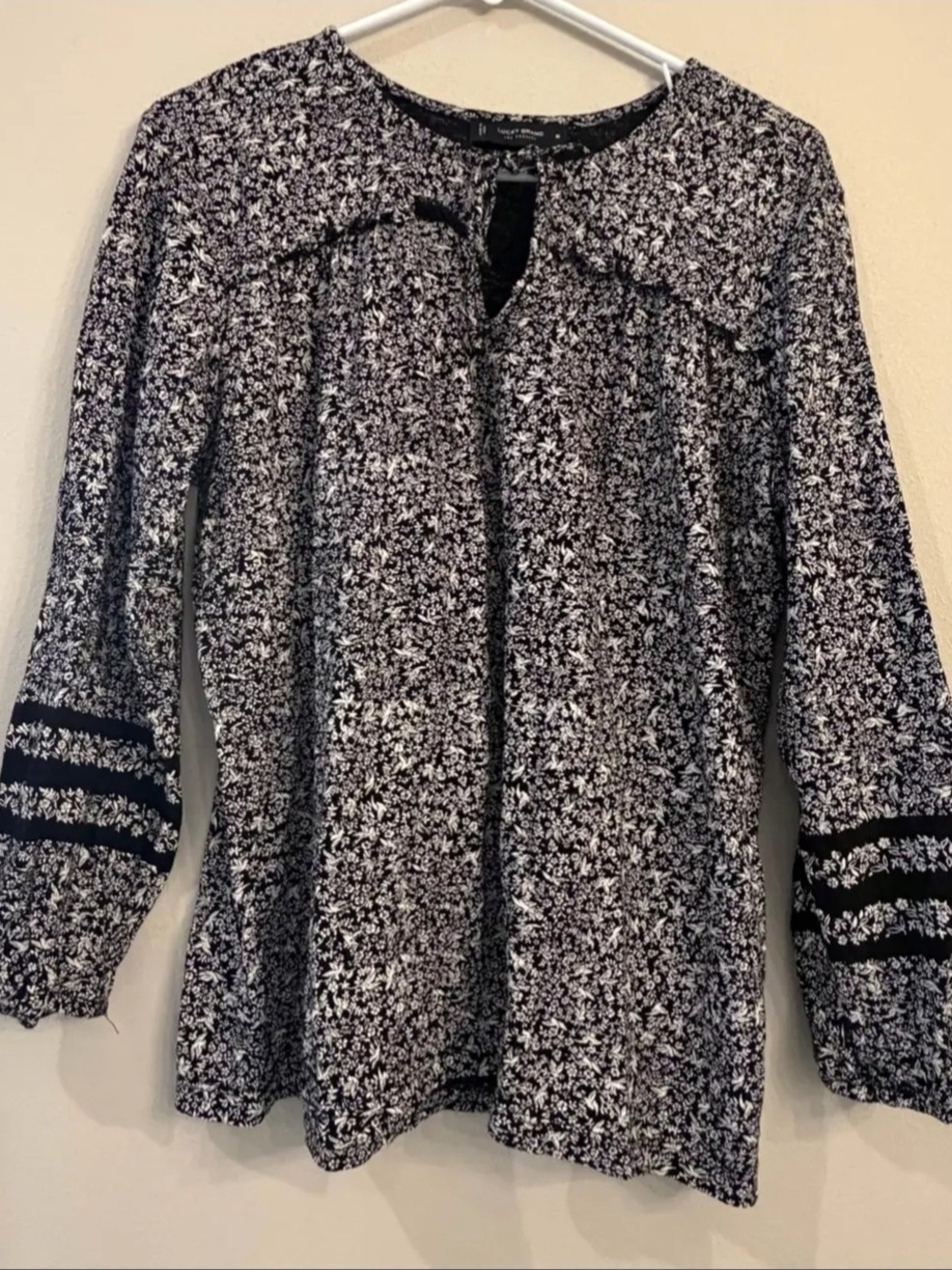 Lucky Brand Black White Floral Peasant Blouse Top - Size Med EUC